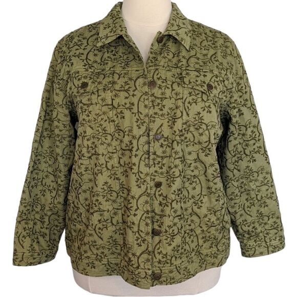 CJ Banks Olive Green Jacquard Vine Jean Jacket 1X NWOT - Picture 1 of 11